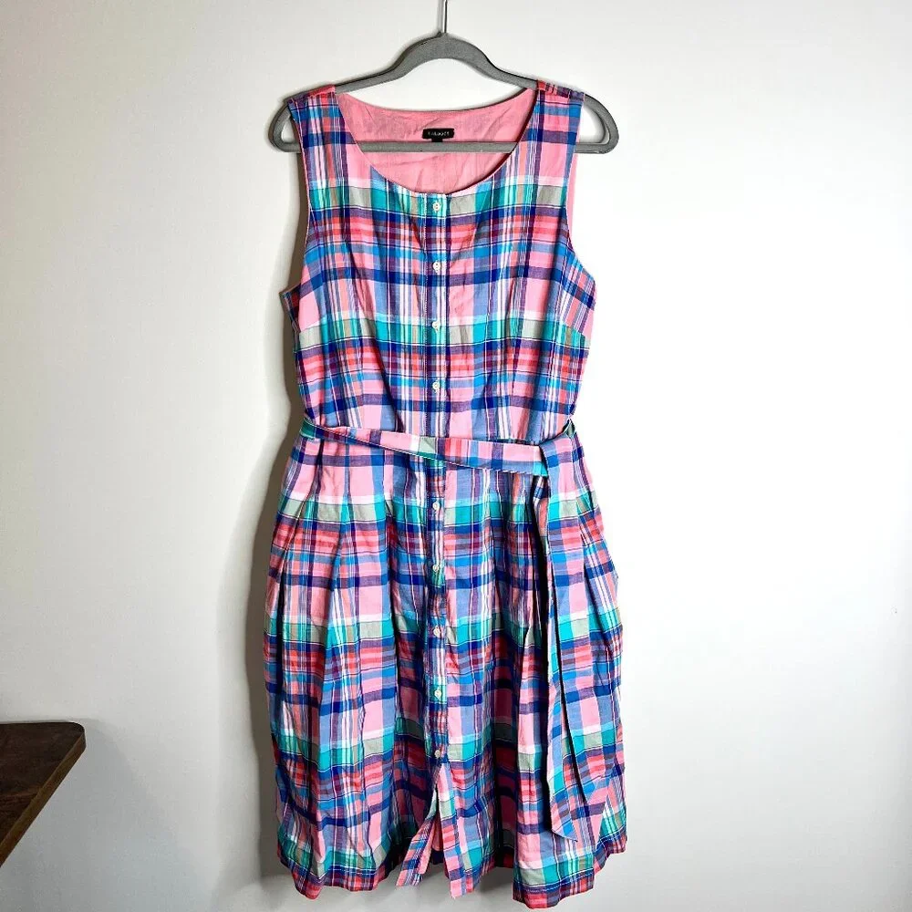 Talbots Madras Button Front Shirtdress Pink Blue Plaid Fit & Flare Summer Sz 12 - Picture 2 of 6